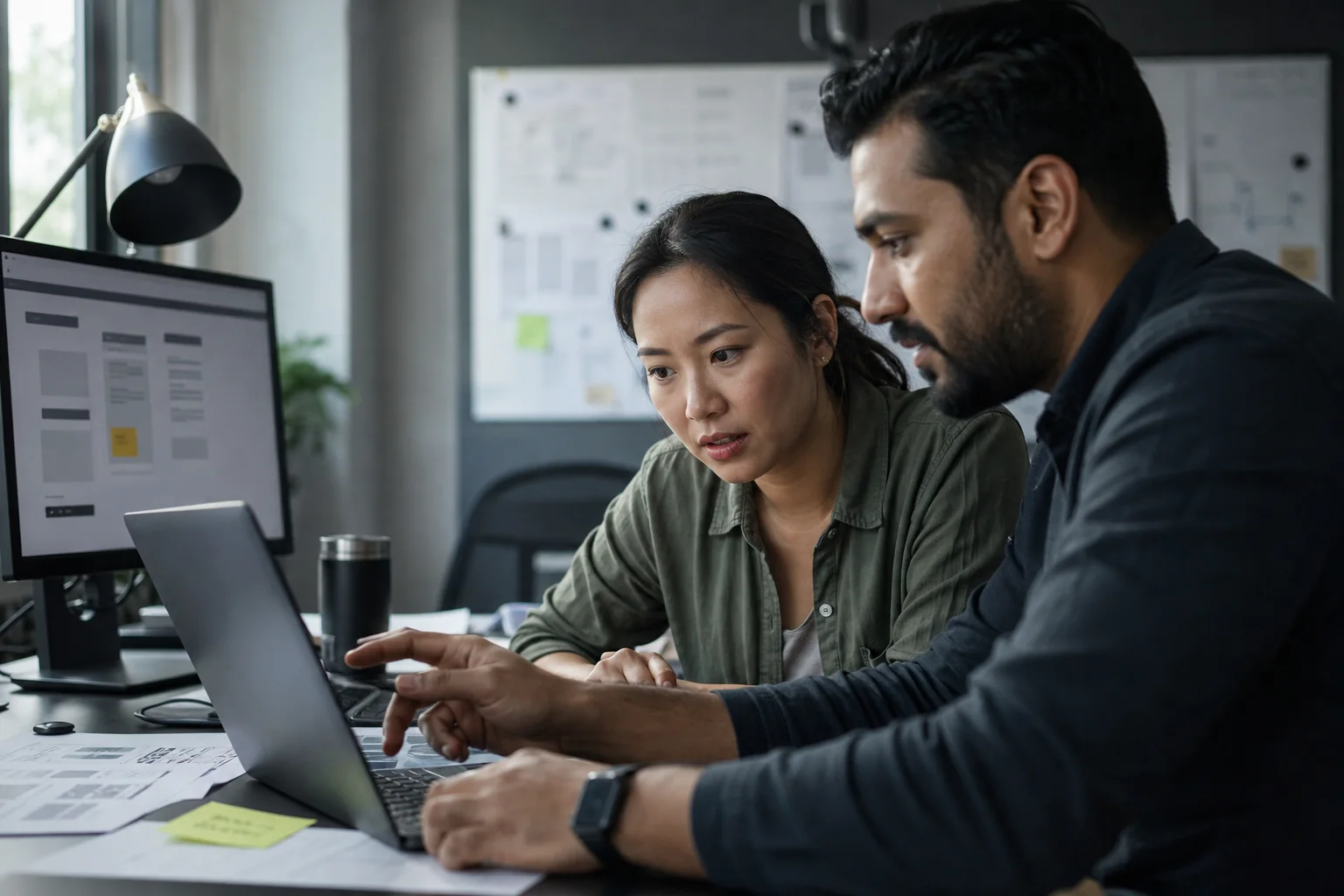 An engineer and operations lead reviewing an AI-assisted workflow together