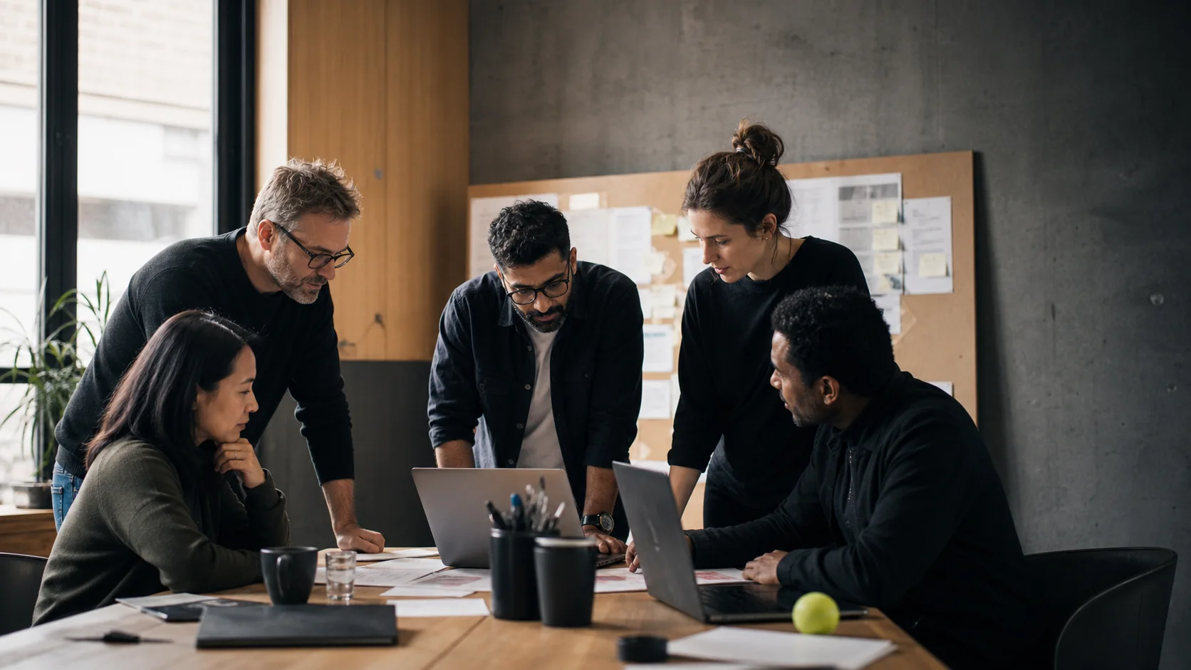 A multidisciplinary senior product team reviewing a release around a worktable